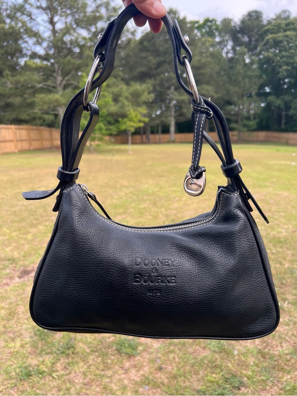 Vintage Dooney & Bourke Black Leather Shoulder Bag with Green Charm